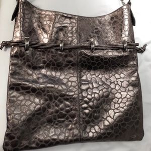 Andre Oliver taupe metallic pebble embossed leather handbag; Never used!